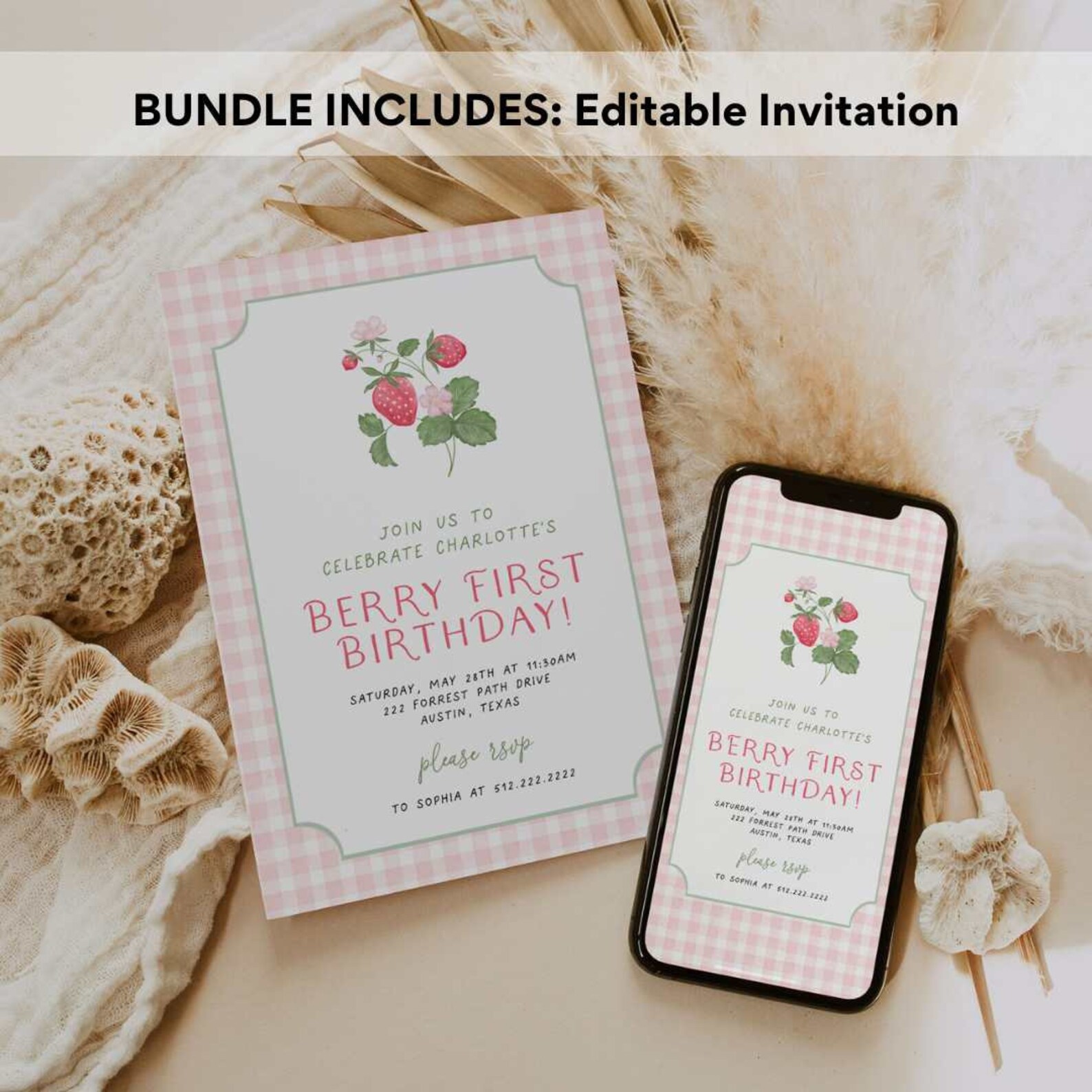 Pink Gingham Berry First Birthday Invitation Bundle, Strawberry 1st ...