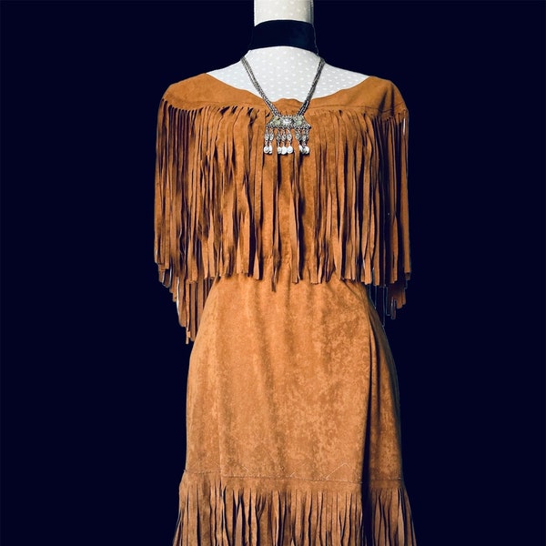 Vintage années 1970 80 s Suede Style Western Hippie Boho Mini robe
