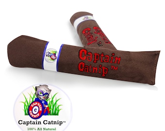May include: Brown catnip toy shaped like a cigar with red embroidered text that reads "Captain Catnip™". The toy is 100% all natural and safe for all cats.