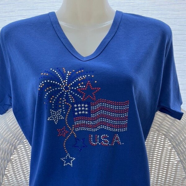 Rhinestone Star Print T-Shirt - Patriotic Style Top main image 1