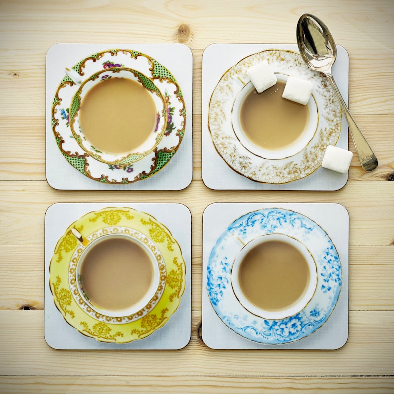 Teacup Coaster Set: Gift for Tea Lover Drinks Coaster Tea Coaster AFTERNOON ETIQUETTE Cuppa Coasters With Quirky Teabag Gift Tag image 1