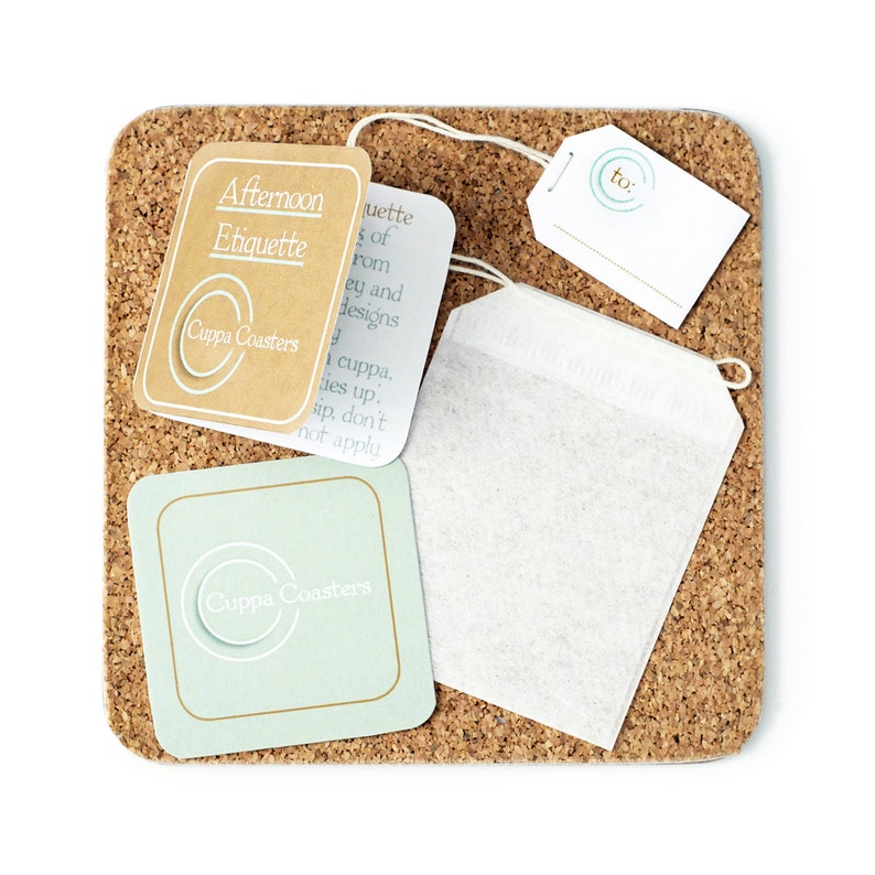 Teacup Coaster Set: Gift for Tea Lover Drinks Coaster Tea Coaster AFTERNOON ETIQUETTE Cuppa Coasters With Quirky Teabag Gift Tag image 5