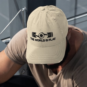 The World Is Flat Embroidered Distressed Dad Hat image 1