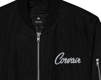 Embroidered Corvair LM Script White Grey Graphic Premium recycled bomber jacket