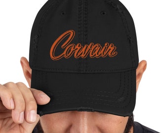 Embroidered Corvair Script Orange Distressed Dad Hat