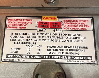 Early Model Corvair Tire Pressure Glove Box Stickers 1960, 1961, 1962, 1963, 1964