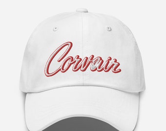 Embroidered Corvair Script 2 color white red Dad hat
