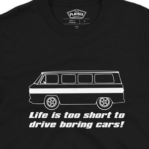 Corvair Greenbrier Life is Too Short to Drive Boring Cars Short-Sleeve Unisex T-Shirt Black