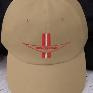 Embroiderd Red Corvair Monza with Corvair on back Dad hat Khaki