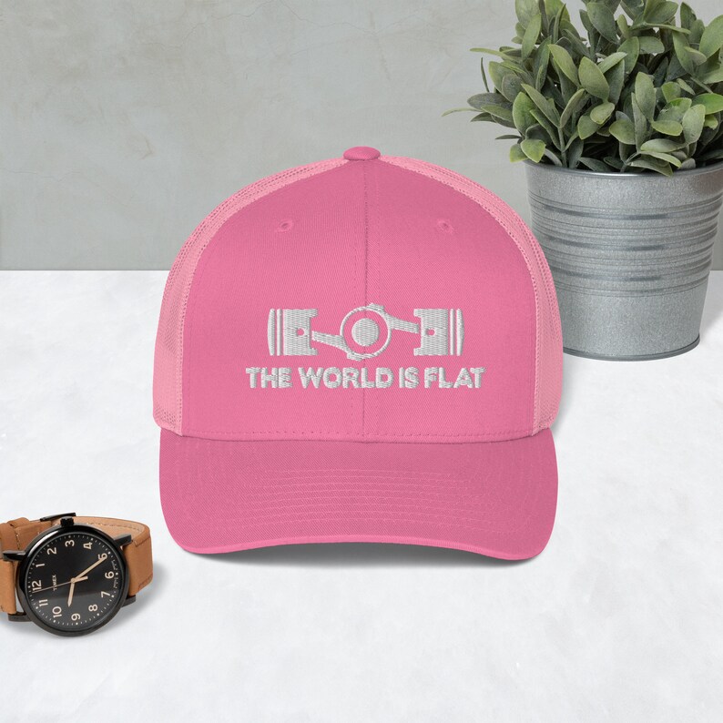 The World Is Flat Embroidered Trucker Cap Pink