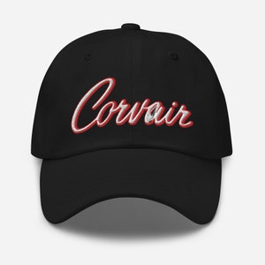 Embroidered Corvair Script 2 color white red Dad hat Black