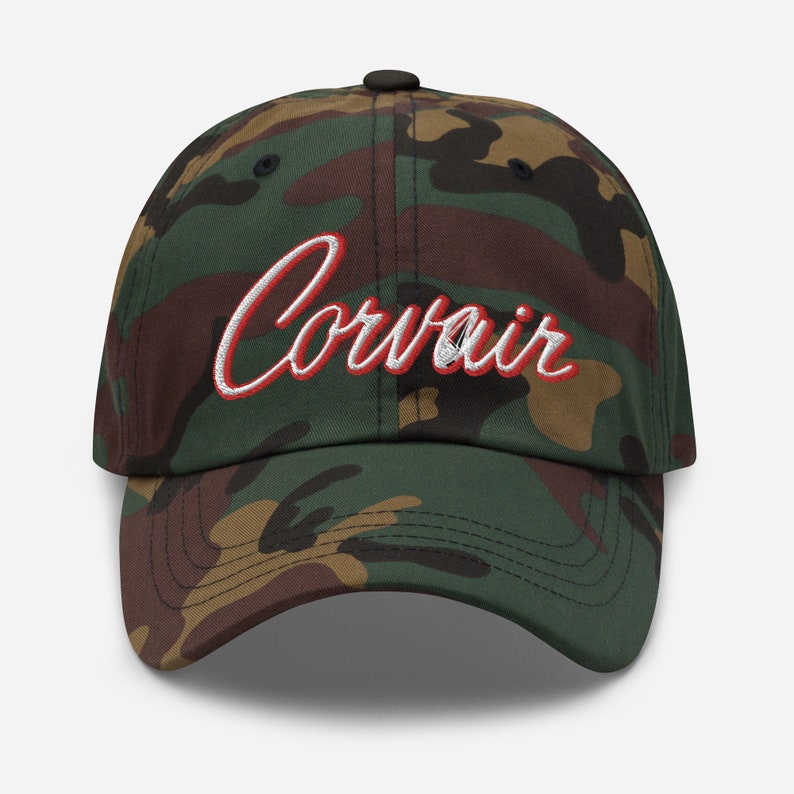 Embroidered Corvair Script 2 color white red Dad hat Green Camo