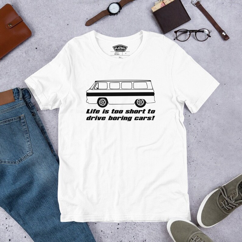 Corvair Greenbrier Life is Too Short to Drive Boring Cars Short-sleeve unisex t-shirt White