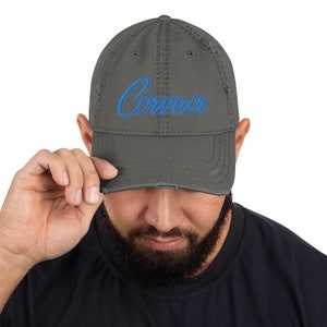 Embroidered Corvair Script Teal Distressed Dad Hat Charcoal Grey