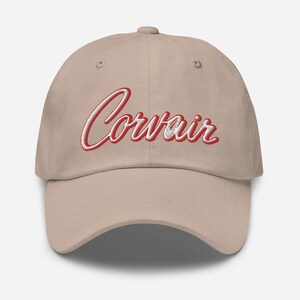 Embroidered Corvair Script 2 color white red Dad hat Stone