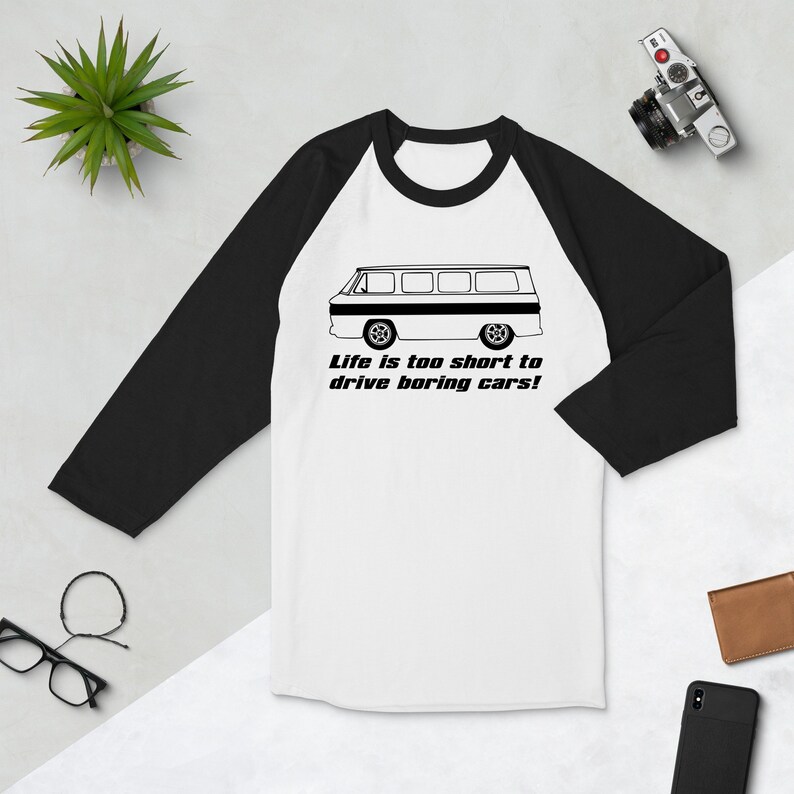 Corvair Greenbrier Life is Too Short to Drive Boring Cars 3/4 sleeve raglan shirt White/Black