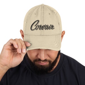 Embroidered Corvair Script Distressed Dad Hat Khaki