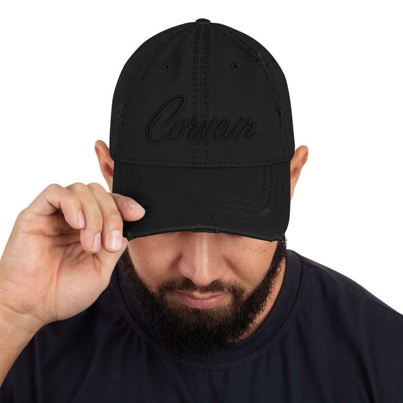 Embroidered Corvair Script Distressed Dad Hat Black