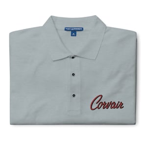 Red and Black Embroidered Late Model Corvair Script Men&#39;s Premium Polo