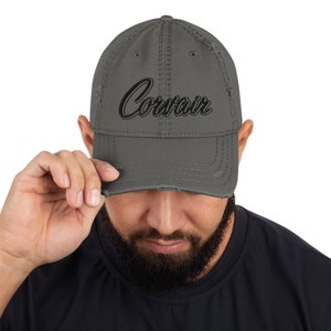Embroidered Corvair Script Distressed Dad Hat Charcoal Grey