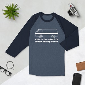 Corvair Corvan Life is Too Short to Drive Boring Cars 3/4 sleeve raglan shirt Heather Denim/Navy