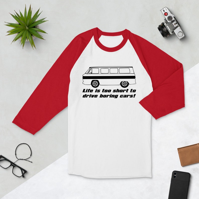 Corvair Greenbrier Life is Too Short to Drive Boring Cars 3/4 sleeve raglan shirt White/Red