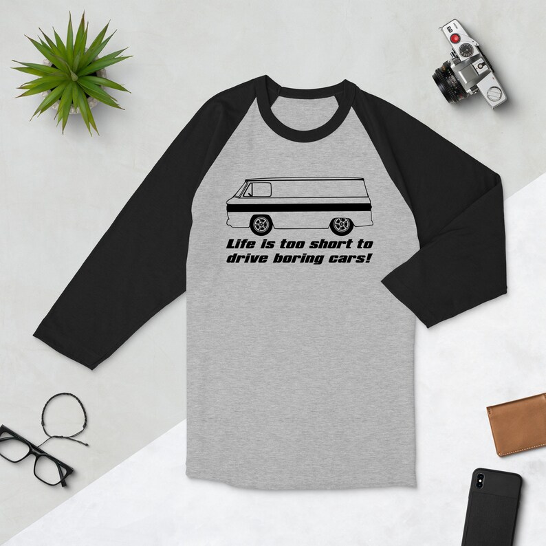 Corvair Corvan Life is Too Short to Drive Boring Cars 3/4 sleeve raglan shirt Grey/Black