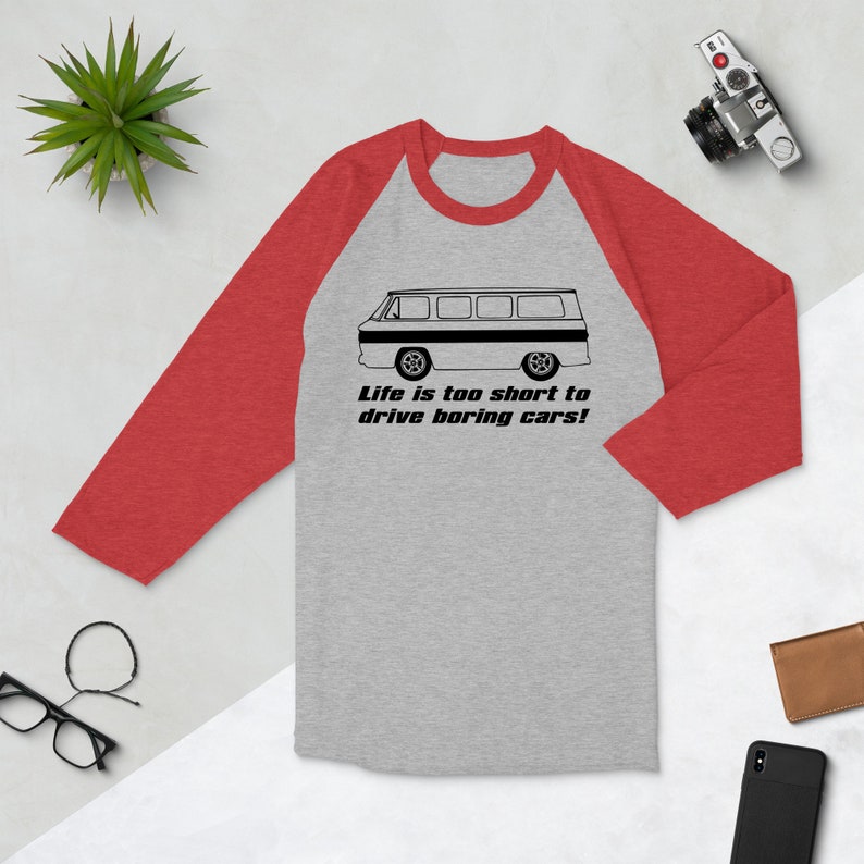 Corvair Greenbrier Life is Too Short to Drive Boring Cars 3/4 sleeve raglan shirt Grey/Heather Red