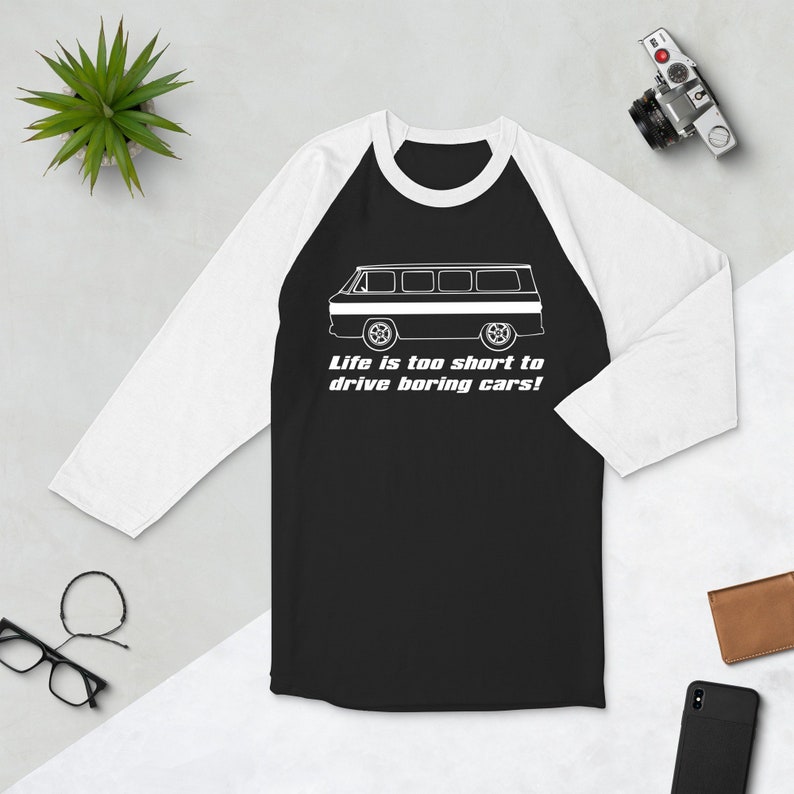 Corvair Greenbrier Life is Too Short to Drive Boring Cars 3/4 sleeve raglan shirt Black/White