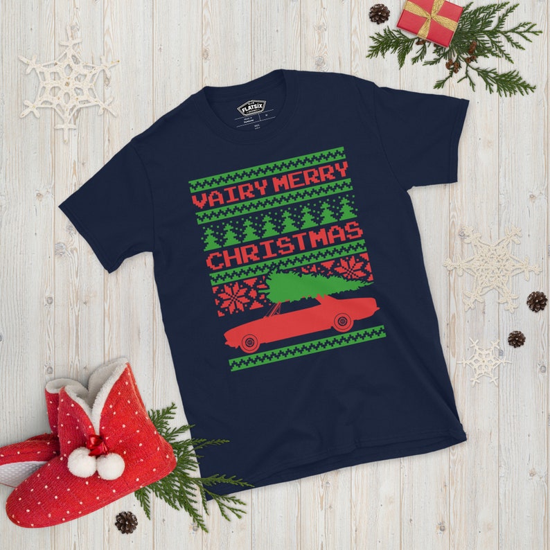 Corvair Late Model Sedan Ugly Christmas Sweater Style Short-Sleeve T-Shirt Navy