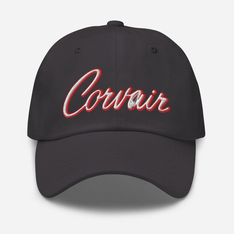 Embroidered Corvair Script 2 color white red Dad hat Dark Grey