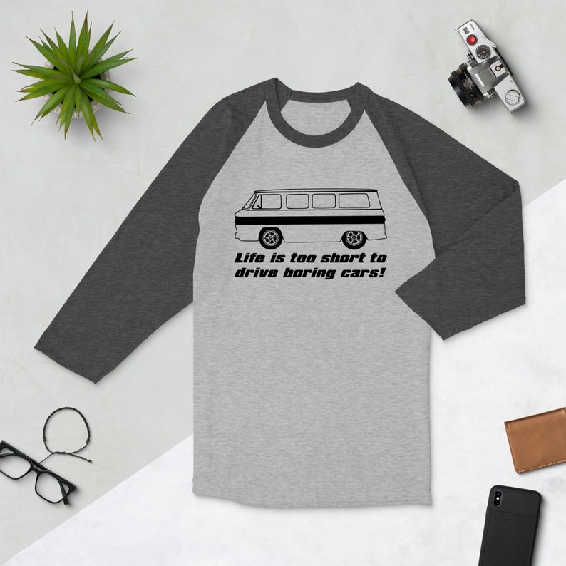 Corvair Greenbrier Life is Too Short to Drive Boring Cars 3/4 sleeve raglan shirt Grey/Heather Charcoa