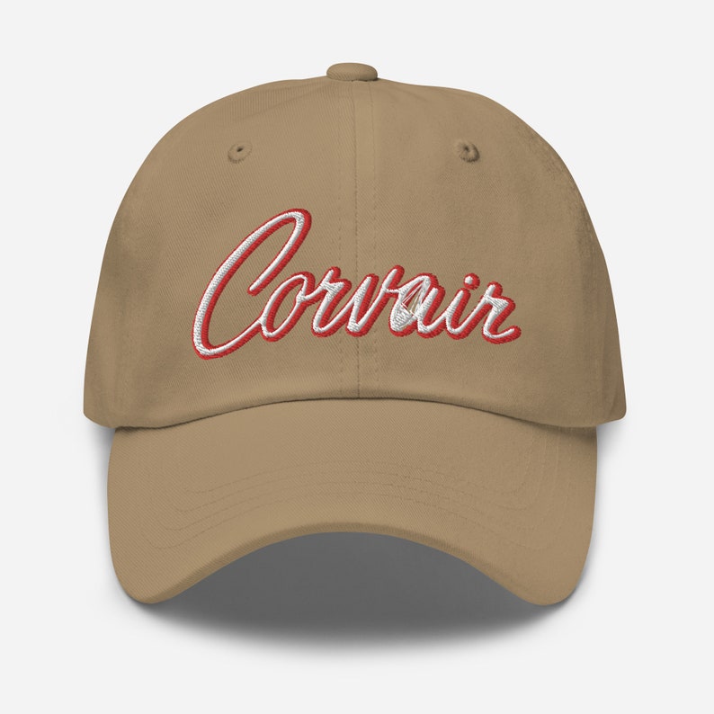 Embroidered Corvair Script 2 color white red Dad hat Khaki