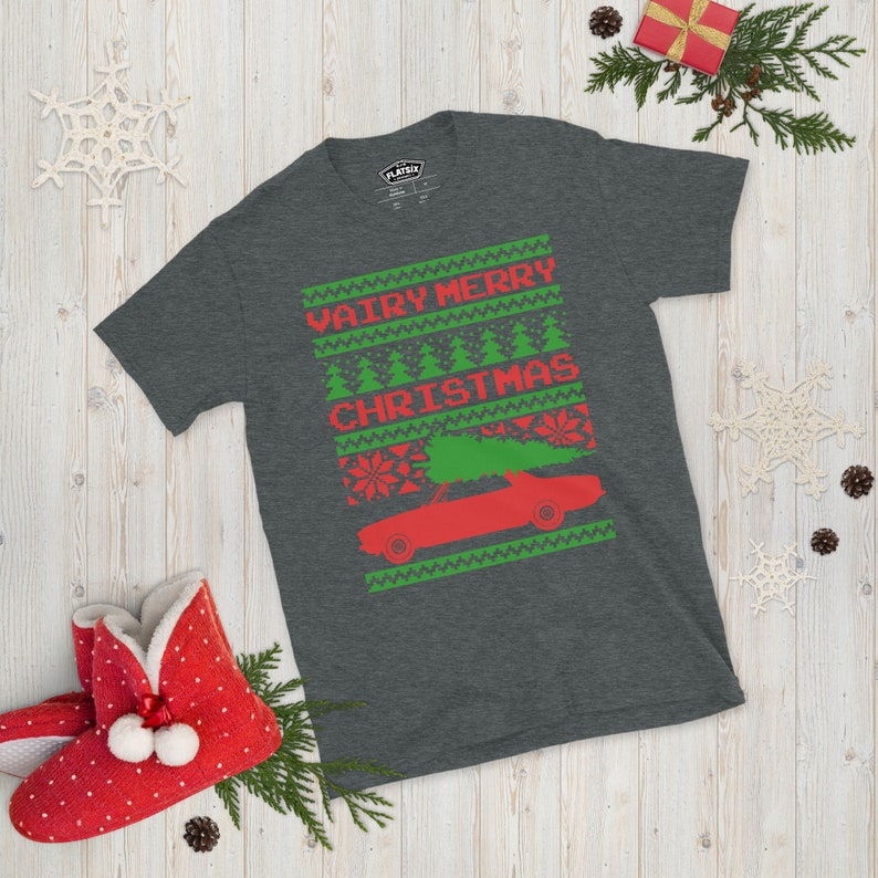 Corvair Late Model Sedan Ugly Christmas Sweater Style Short-Sleeve T-Shirt Dark Heather