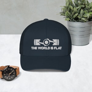 The World Is Flat Embroidered Trucker Cap Navy