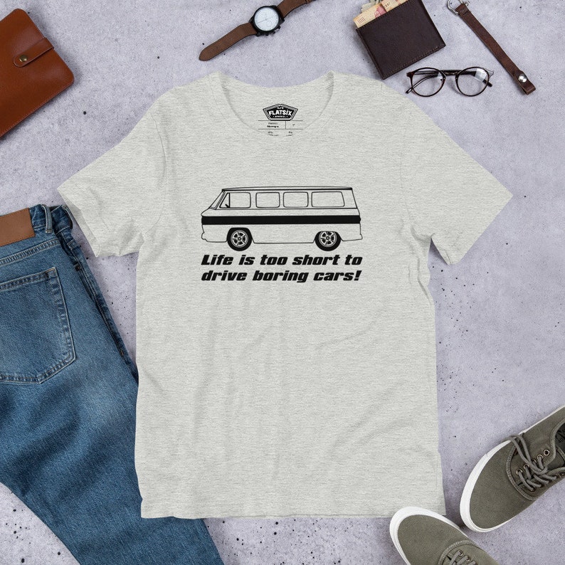 Corvair Greenbrier Life is Too Short to Drive Boring Cars Short-sleeve unisex t-shirt Athletic Heather