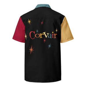 Corvair 2 Sided Print Mid Century Modern Style Hawaiian Bowling button down shirt