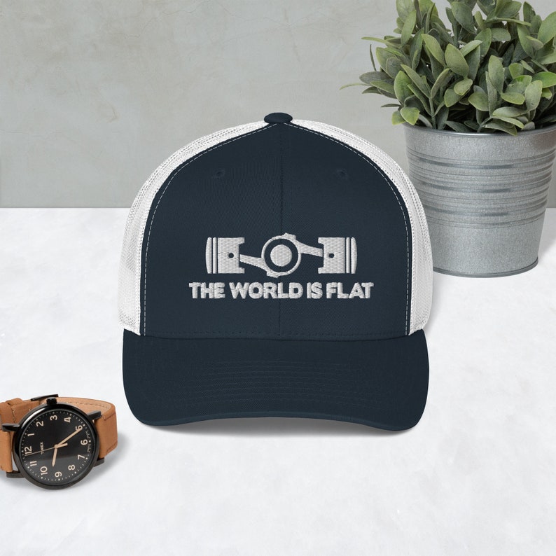 The World Is Flat Embroidered Trucker Cap Navy/ White