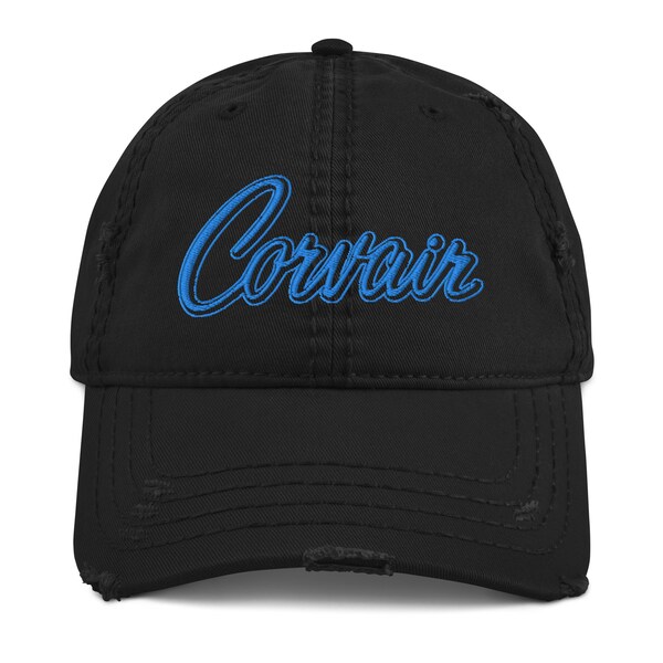 Embroidered Corvair Script Teal Distressed Dad Hat