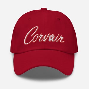 Embroidered Corvair Script 2 color white red Dad hat Cranberry