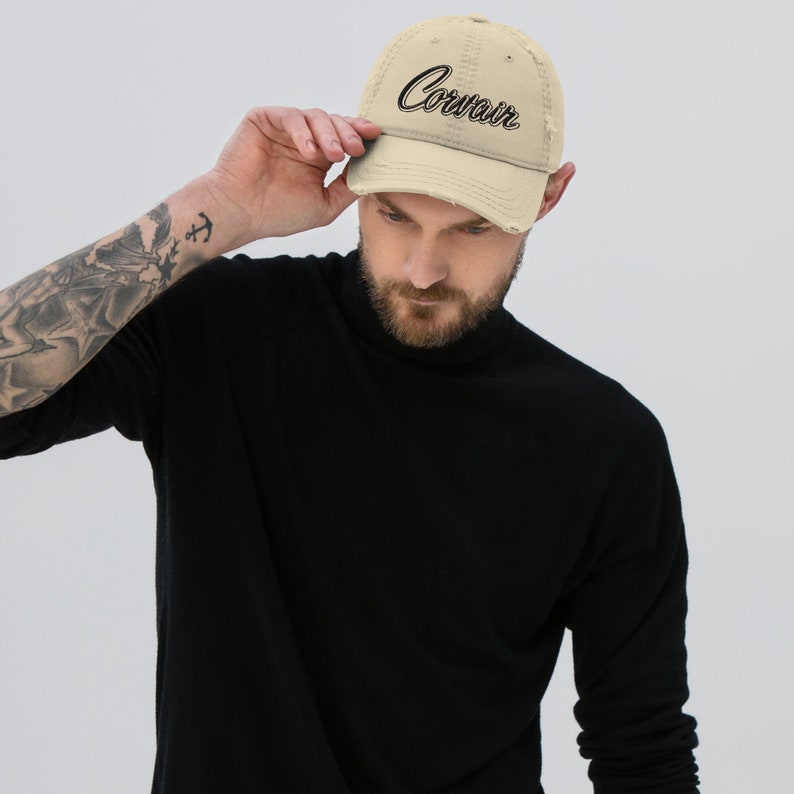 Embroidered Corvair Script Distressed Dad Hat image 3