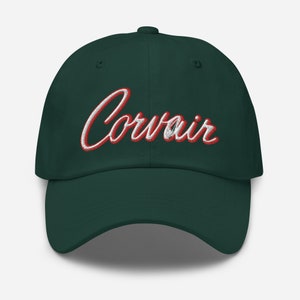 Embroidered Corvair Script 2 color white red Dad hat Spruce