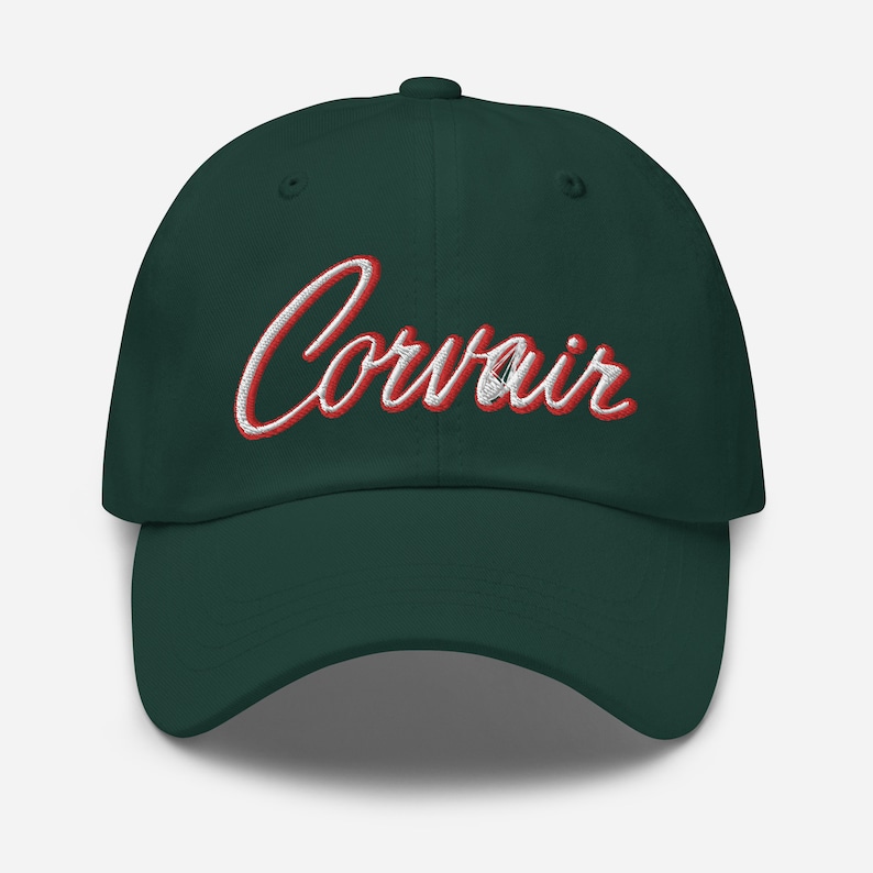 Embroidered Corvair Script 2 color white red Dad hat Spruce