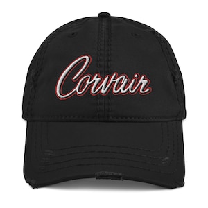 Embroidered Corvair Script white and red Distressed Dad Hat