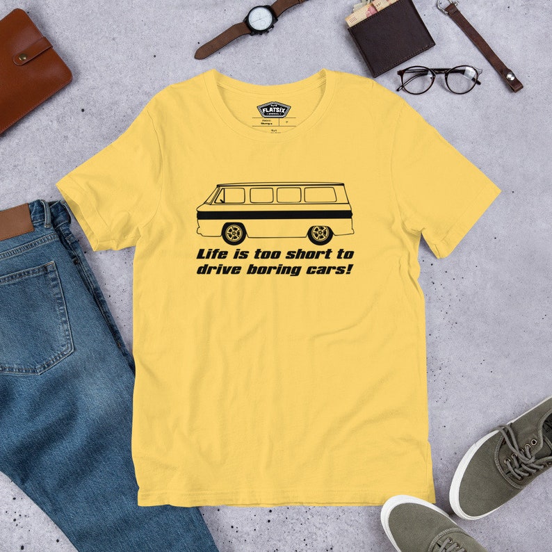 Corvair Greenbrier Life is Too Short to Drive Boring Cars Short-sleeve unisex t-shirt Yellow