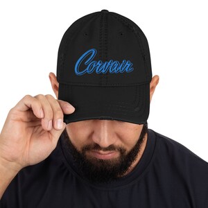 Embroidered Corvair Script Teal Distressed Dad Hat Black