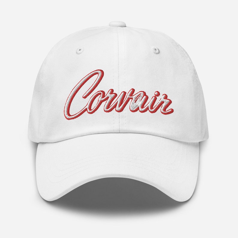 Embroidered Corvair Script 2 color white red Dad hat White