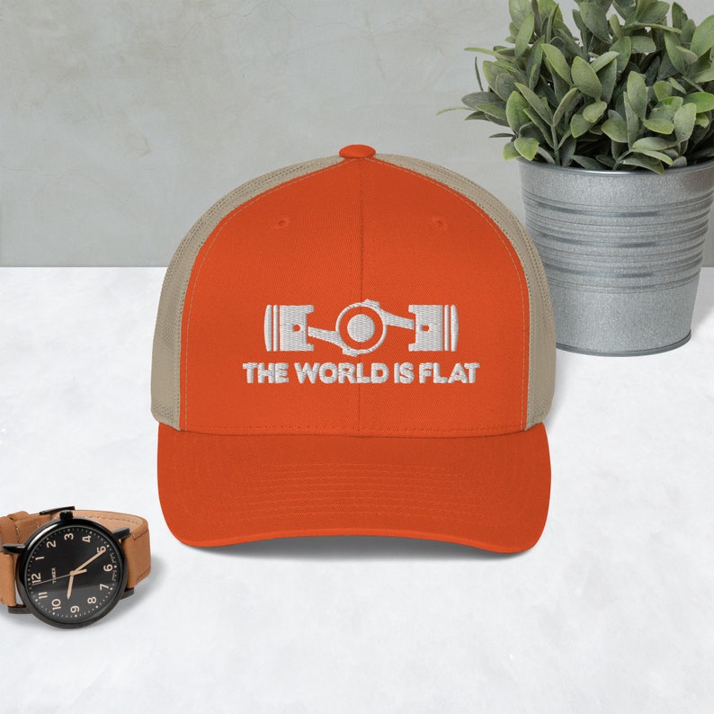 The World Is Flat Embroidered Trucker Cap Rustic Orange/ Khaki