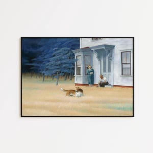 Könnte beinhalten: Gerahmter Kunstdruck eines Gemäldes, das ein weißes Haus mit blauen Akzenten, zwei Personen und einen Hund in einem Feld zeigt. Der Hund ist braun und weiß. Das Feld ist gelb und der Himmel ist blau.