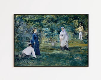 May include: A framed print of a painting depicting a leisurely outdoor scene. Four figures are present, with two women in long dresses and hats, and two men in white shirts and pants. The artwork is set in a lush green garden.